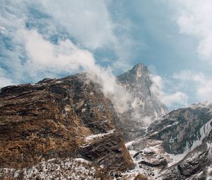 Preview wallpaper mountain landscape, peaks, fog, snow covered