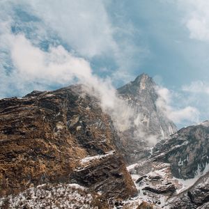 Preview wallpaper mountain landscape, peaks, fog, snow covered