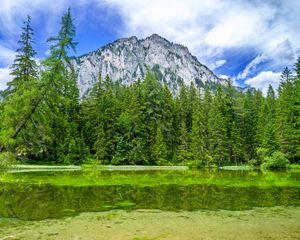 Preview wallpaper mountain, landscape, trees, pond, nature