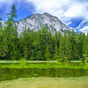 Preview wallpaper mountain, landscape, trees, pond, nature