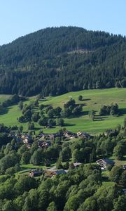 Preview wallpaper mountain, landscape, valley, houses, trees, village, nature