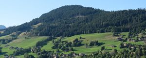 Preview wallpaper mountain, landscape, valley, houses, trees, village, nature