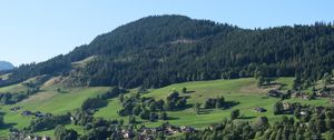 Preview wallpaper mountain, landscape, valley, houses, trees, village, nature