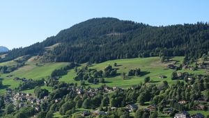 Preview wallpaper mountain, landscape, valley, houses, trees, village, nature