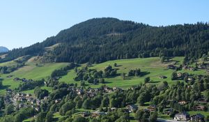 Preview wallpaper mountain, landscape, valley, houses, trees, village, nature