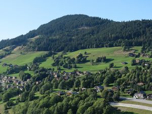 Preview wallpaper mountain, landscape, valley, houses, trees, village, nature