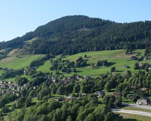 Preview wallpaper mountain, landscape, valley, houses, trees, village, nature