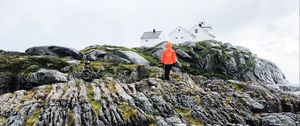 Preview wallpaper mountain, man, hill, winter, norway