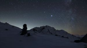 Preview wallpaper mountain, night, snow, starry sky, dark