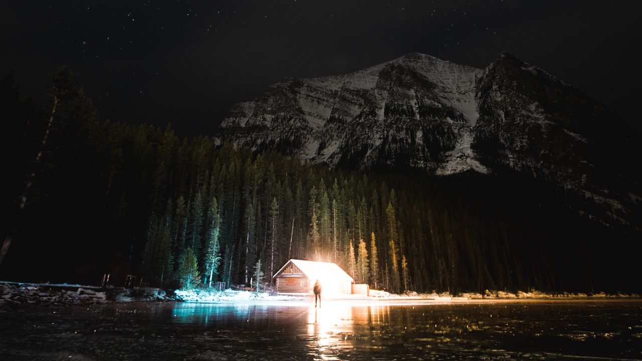 Wallpaper mountain, night, starry sky, silhouette, lake