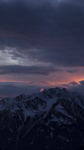 Preview wallpaper mountain, peak, clouds, snowy, sunset, night