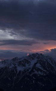 Preview wallpaper mountain, peak, clouds, snowy, sunset, night