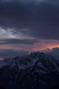 Preview wallpaper mountain, peak, clouds, snowy, sunset, night