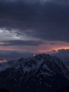 Preview wallpaper mountain, peak, clouds, snowy, sunset, night