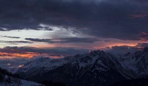 Preview wallpaper mountain, peak, clouds, snowy, sunset, night