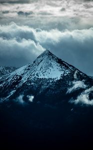 Preview wallpaper mountain, peak, clouds, snow, trees, slope