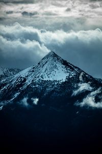 Preview wallpaper mountain, peak, clouds, snow, trees, slope