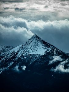 Preview wallpaper mountain, peak, clouds, snow, trees, slope