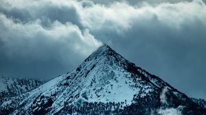 Preview wallpaper mountain, peak, clouds, snow, trees, slope