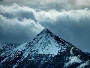Preview wallpaper mountain, peak, clouds, snow, trees, slope