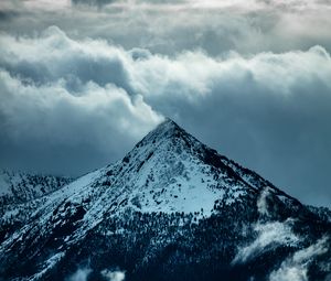 Preview wallpaper mountain, peak, clouds, snow, trees, slope