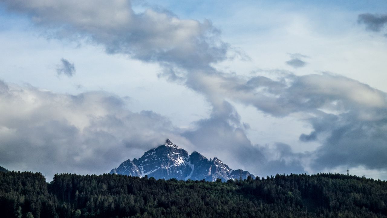 Wallpaper mountain, peak, clouds, forest, landscape
