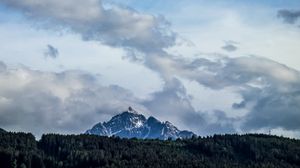 Preview wallpaper mountain, peak, clouds, forest, landscape