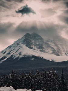 Preview wallpaper mountain, peak, clouds, snow, forest