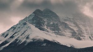 Preview wallpaper mountain, peak, clouds, snow, forest