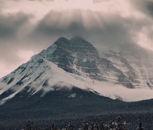 Preview wallpaper mountain, peak, clouds, snow, forest