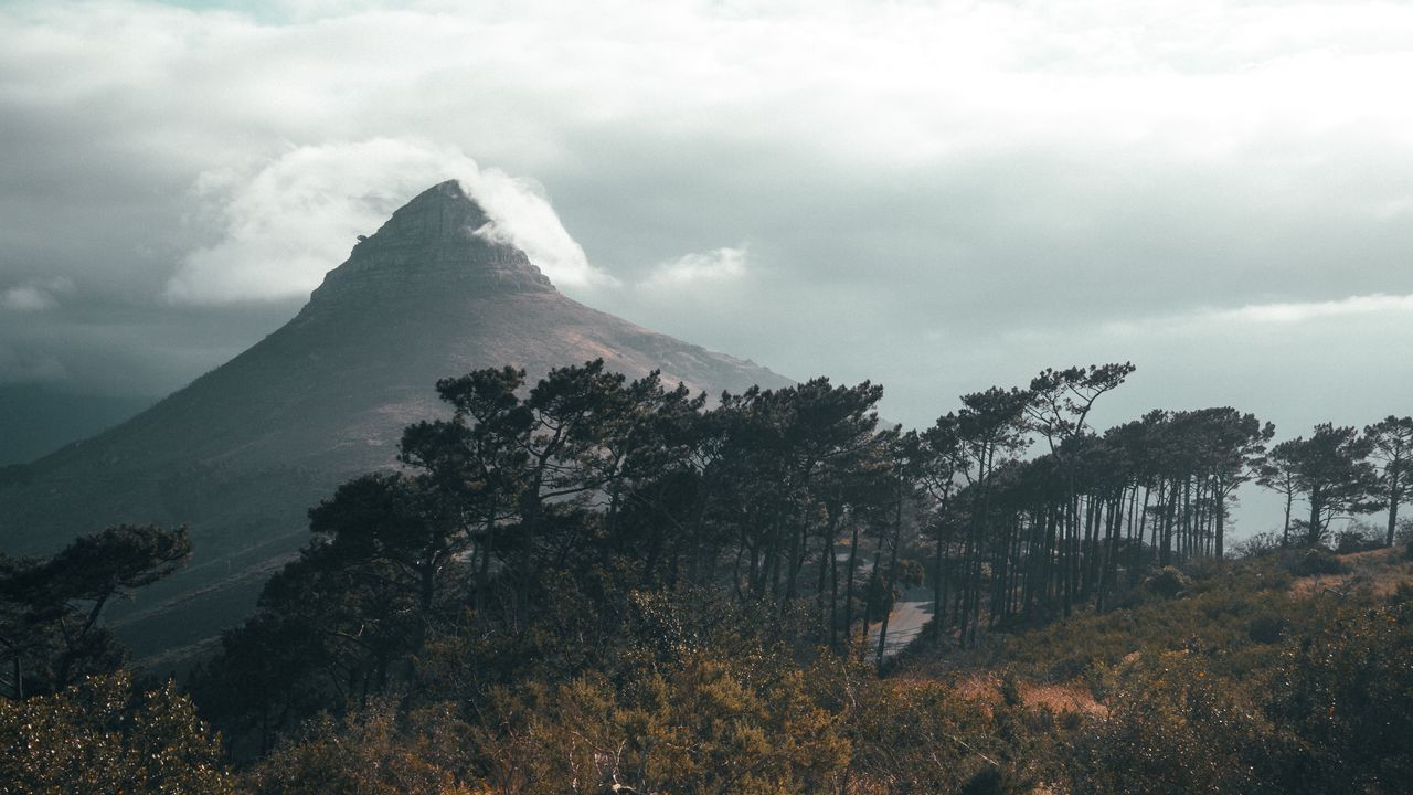 Wallpaper mountain, peak, clouds, trees, nature