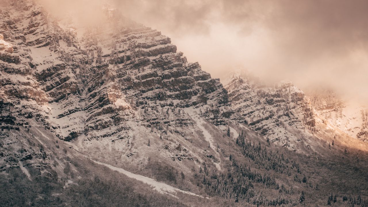 Wallpaper mountain, peak, clouds, snow, slope