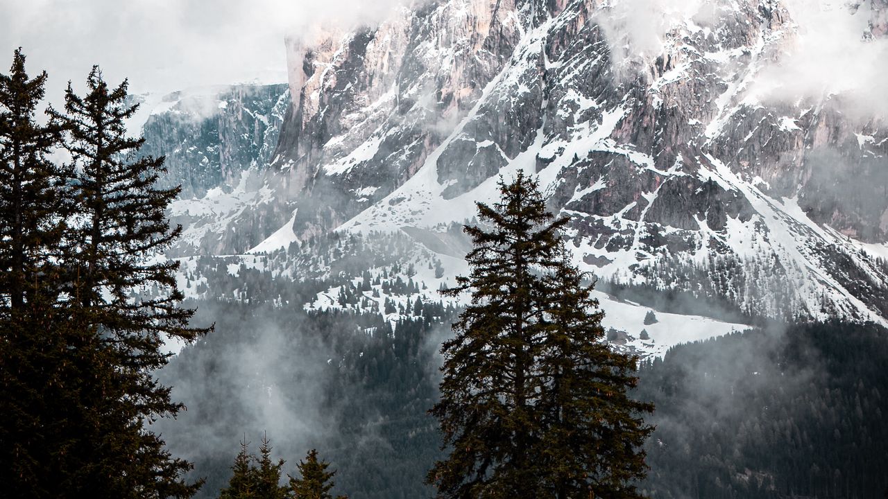 Wallpaper mountain, peak, clouds, snow, trees, landscape