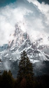 Preview wallpaper mountain, peak, clouds, snow, trees, landscape