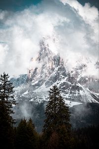 Preview wallpaper mountain, peak, clouds, snow, trees, landscape