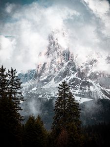 Preview wallpaper mountain, peak, clouds, snow, trees, landscape