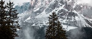 Preview wallpaper mountain, peak, clouds, snow, trees, landscape