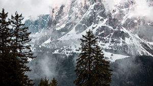 Preview wallpaper mountain, peak, clouds, snow, trees, landscape