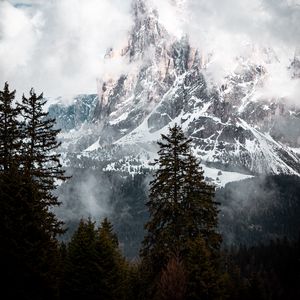 Preview wallpaper mountain, peak, clouds, snow, trees, landscape