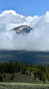 Preview wallpaper mountain, peak, clouds, trees, nature, landscape