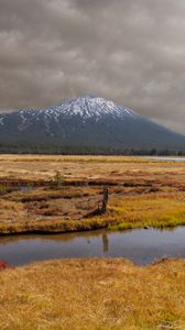 Preview wallpaper mountain, peak, field, river, nature, landscape