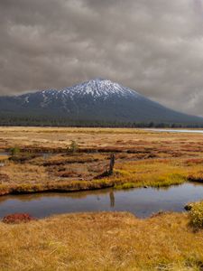 Preview wallpaper mountain, peak, field, river, nature, landscape