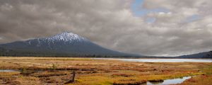 Preview wallpaper mountain, peak, field, river, nature, landscape