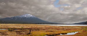 Preview wallpaper mountain, peak, field, river, nature, landscape