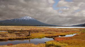 Preview wallpaper mountain, peak, field, river, nature, landscape