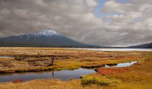 Preview wallpaper mountain, peak, field, river, nature, landscape