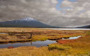 Preview wallpaper mountain, peak, field, river, nature, landscape