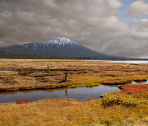 Preview wallpaper mountain, peak, field, river, nature, landscape