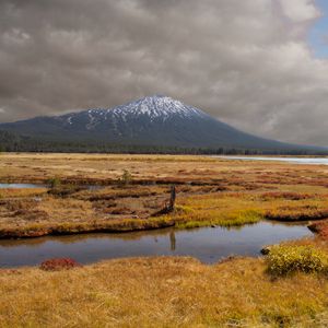 Preview wallpaper mountain, peak, field, river, nature, landscape
