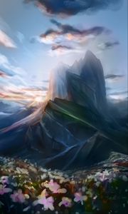 Preview wallpaper mountain, peak, flowers, landscape, art